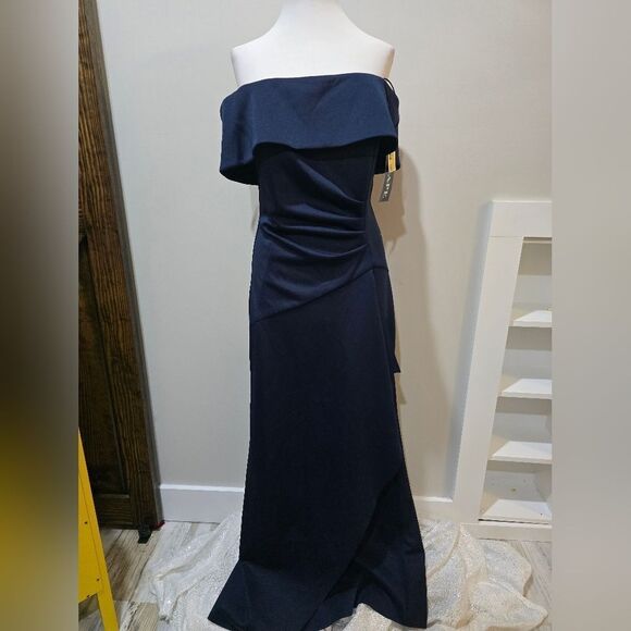 Xscape  Long Scuba Off The Shoulder Dress NWT Size 14 Navy Blue - Picture 3 of 5